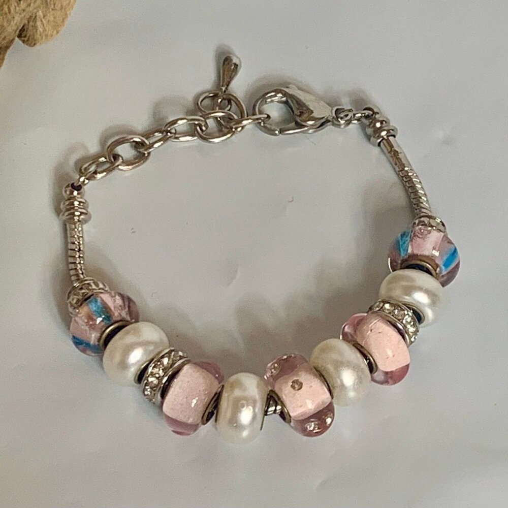 Pink Pearl Rhinestone Charm Slide Bracelet 7 Inch
